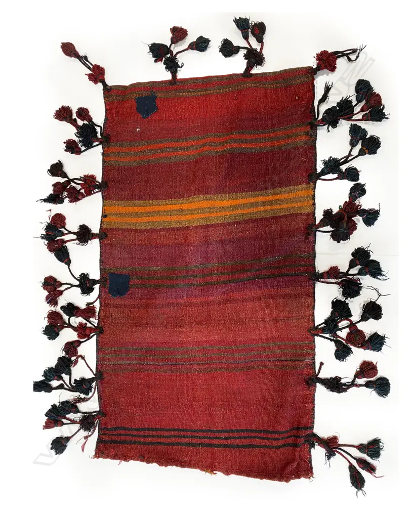 Bag – wool, - flatweave/pile - red ground - stepped diamond repeat - sides and base tassled.108 x 60cm Image 1++